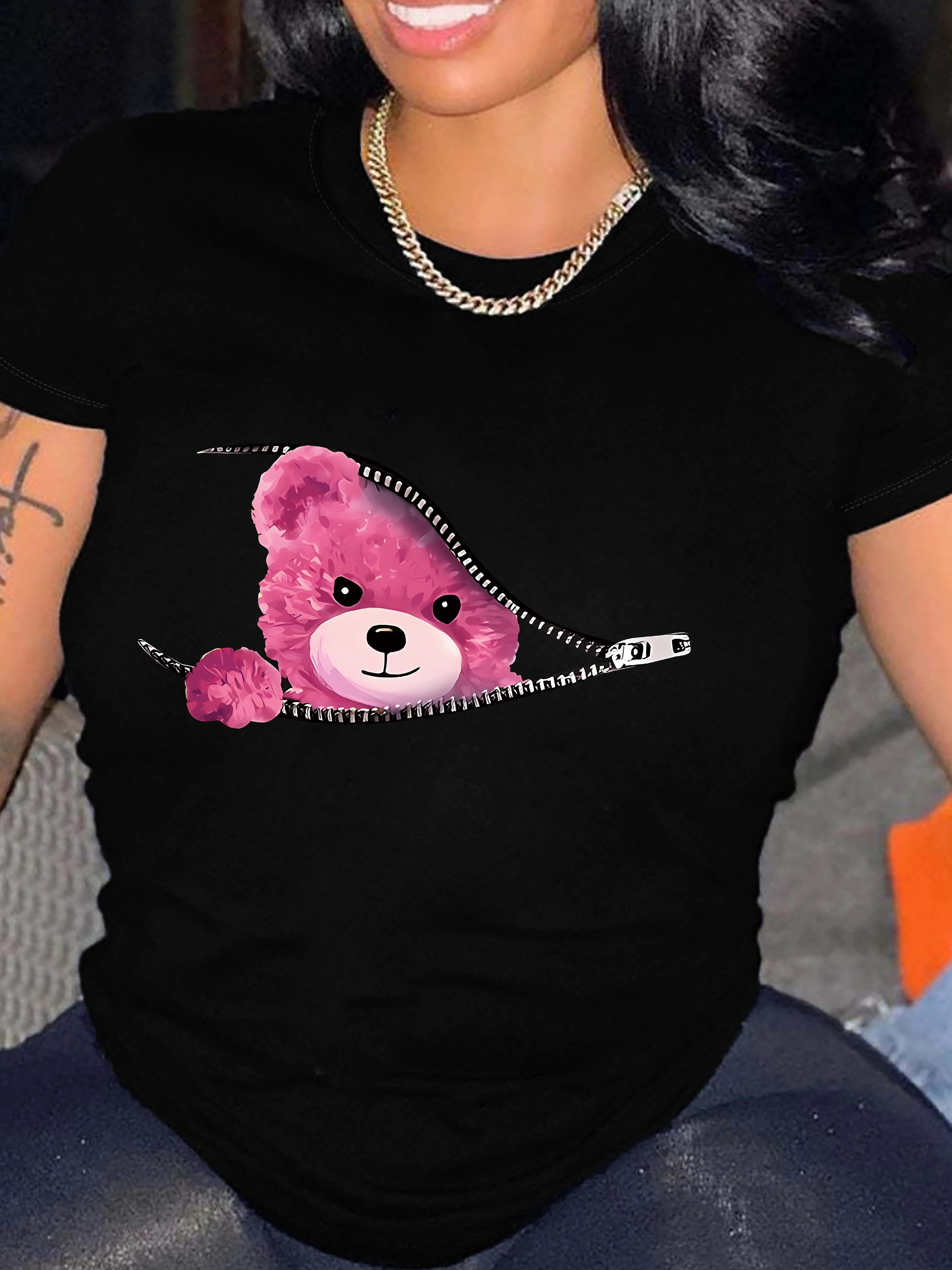 T-shirt imprimé graphique ours en peluche, haut décontracté à manches courtes et col rond pour l'été