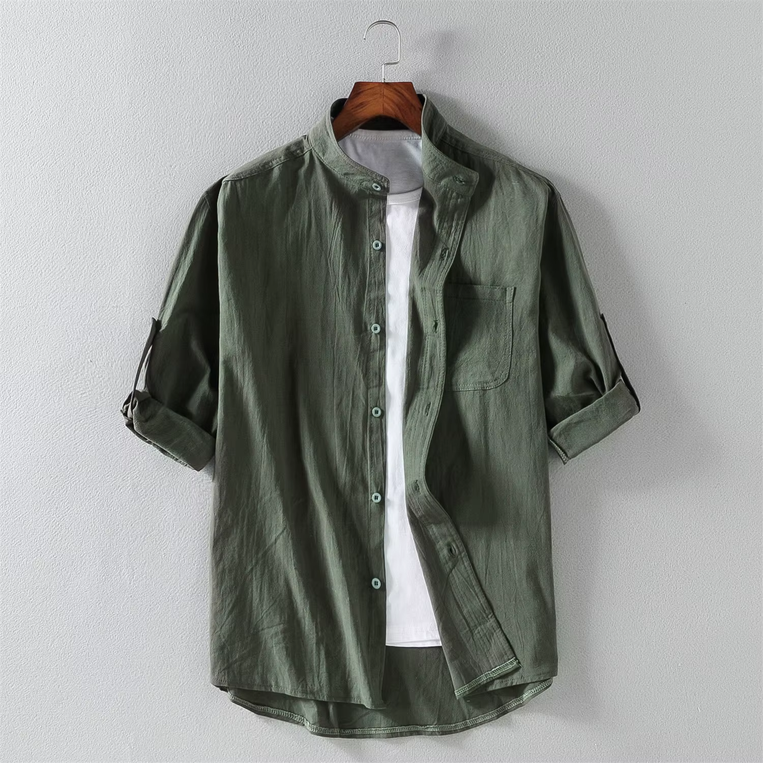 Chemise à manches courtes pour hommes, col montant, cinq points, manches mi-longues, à la mode, manc