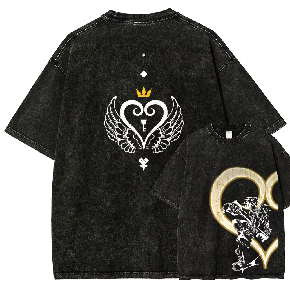 T-shirt délavé Kingdom Hearts, vêtements pour toute l'année, vêtements de caractère, grande taille, 