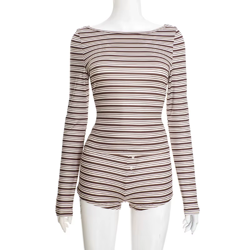 Ensemble haut rayé à manches longues et short trois-quarts élégant et décontracté pour femme, nouvel