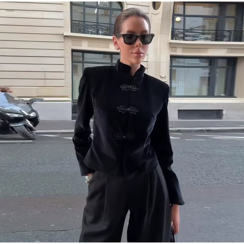 Veste Napoléon pour femme, style militaire, coupe ajustée, haut court, boutons dorés chics, printemp