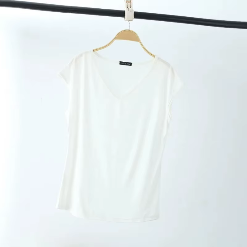 T-shirt à col en V pour femmes, T-shirt d'été en fibre modale, Économie décontractés, Couleur unie, 