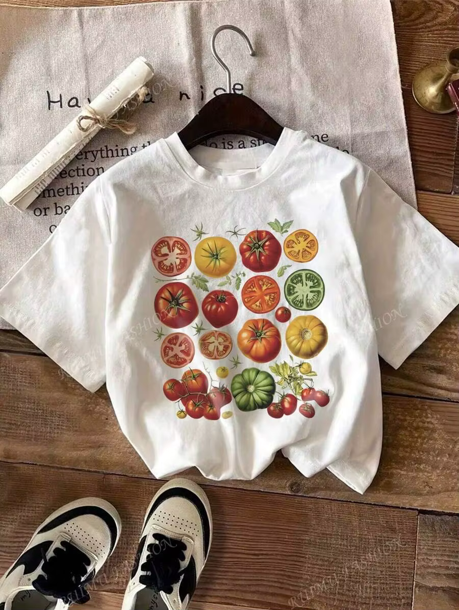 T-Shirt manches courtes femme, mignon imprimé tomate, en coton, mignon, esthétique, Streetwear, chem