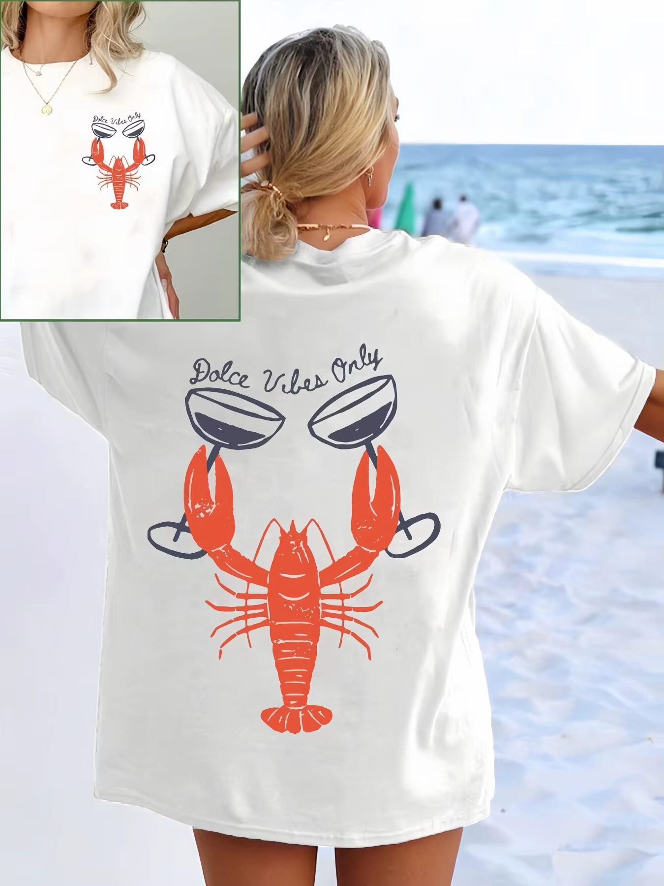 T-shirt à manches courtes imprimé homard et verres à vin, style décontracté et polyvalent, adapté po