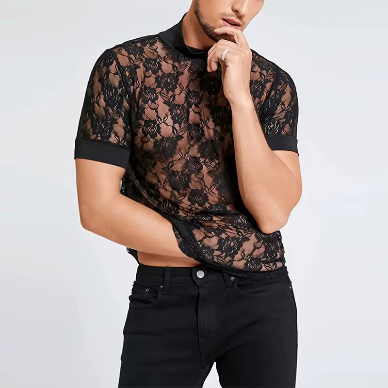 T-shirt en tricot de dentelle de maille pour hommes, pull évidé à col rond, t-shirts à manches court
