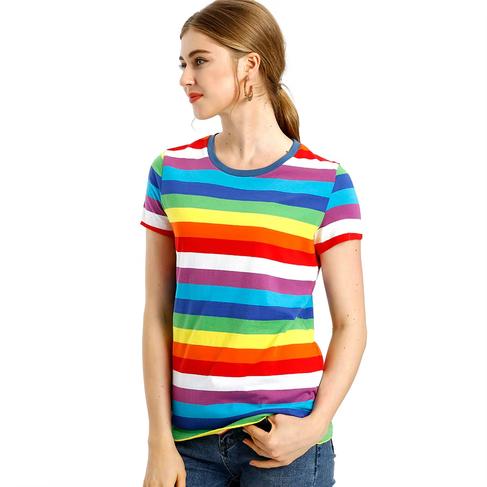 T-Shirt arc-en-ciel à rayures pour femme hauts haut à manches courtes, rouge et blanc
