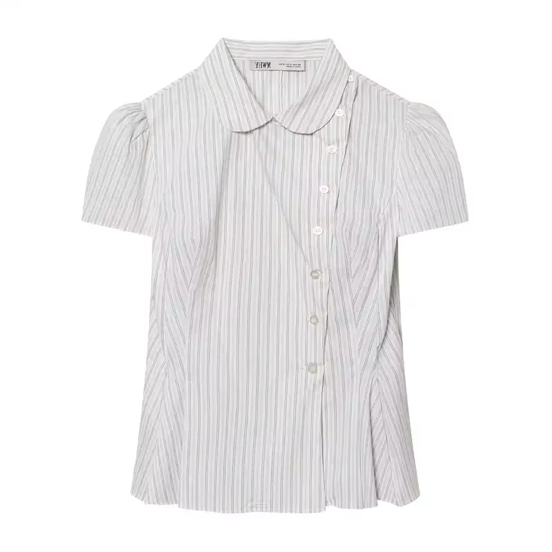 Nouvelle Blouse Femme Rayée en Popeline Col Claudine Manches Courtes Coupe Slim Printemps-Été pour l