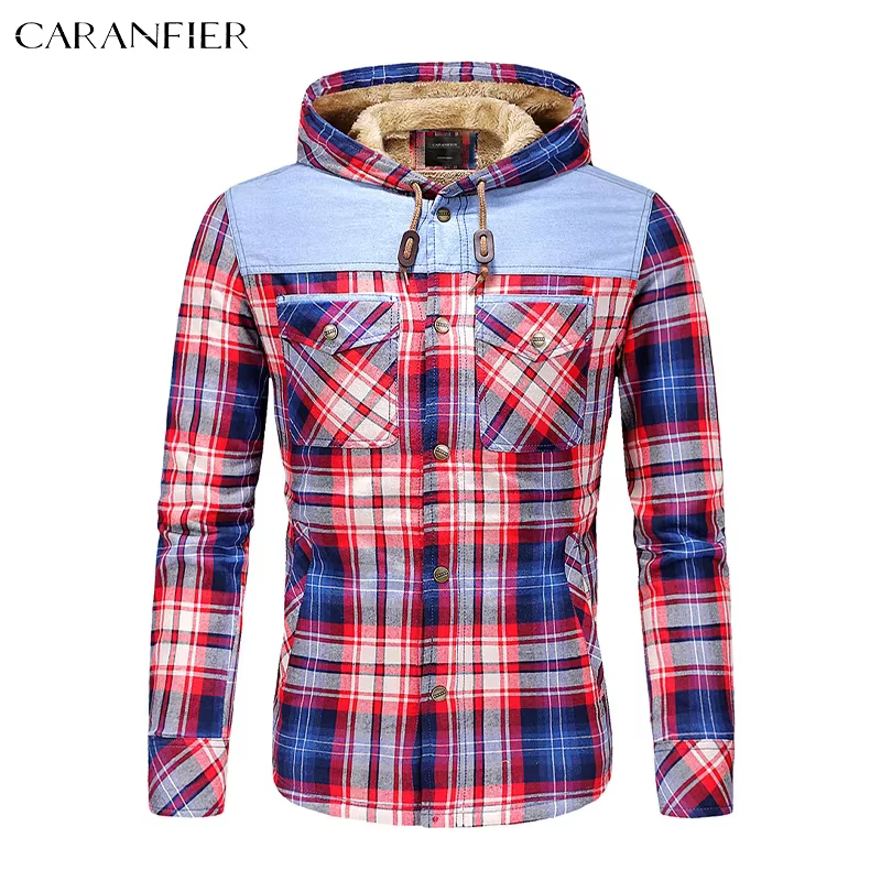 CARANFIER hommes 100% coton veste à carreaux épais chaud hiver velours côtelé chemises à capuche mâl