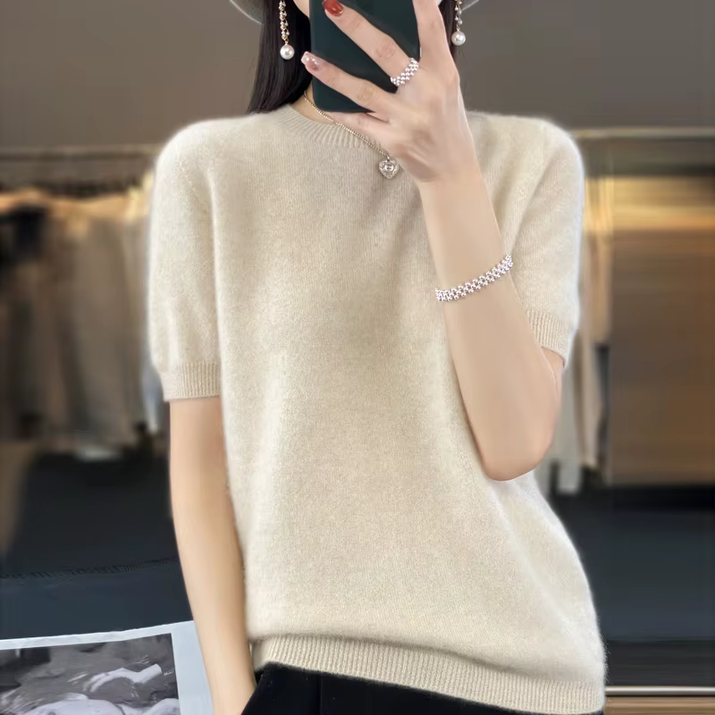 Pull court en cachemire à manches mi-longues pour femme, T-shirt à col rond, 100% pure laine mérinos