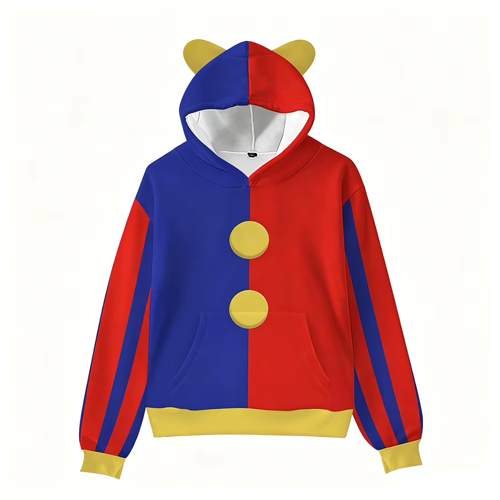 Sweat à capuche unisexe style clown Pomni, color block rouge et bleu, avec oreilles, pour Halloween,