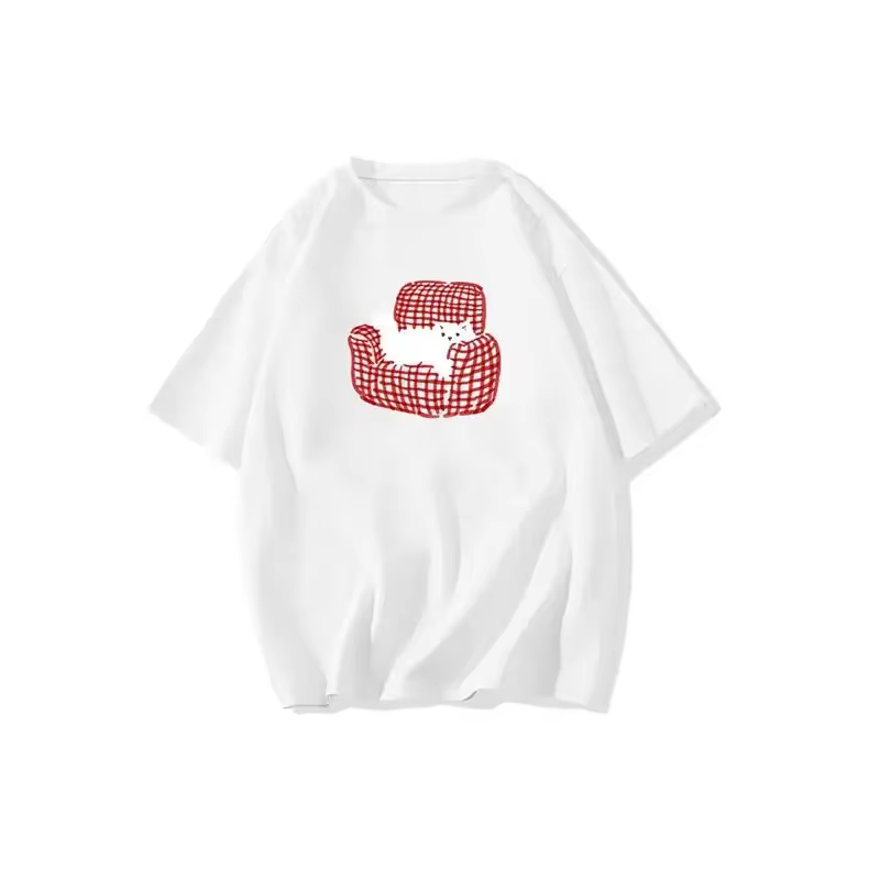 Chat sur le canapé imprimé femmes T-shirt col rond hauts américain Y2k vêtements de rue femmes haut 