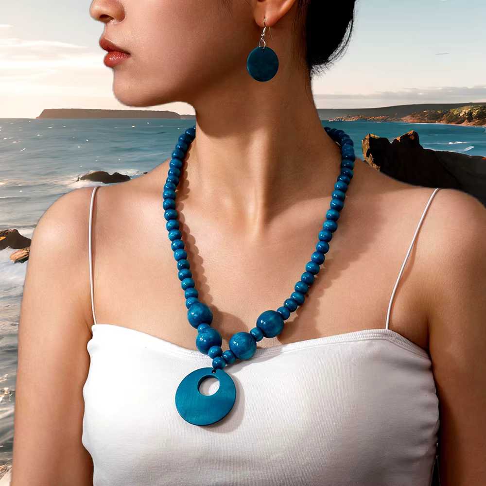 Ensemble de bijoux bohème géométrique rond en perles de bois, pendentif, collier et boucles d'oreill