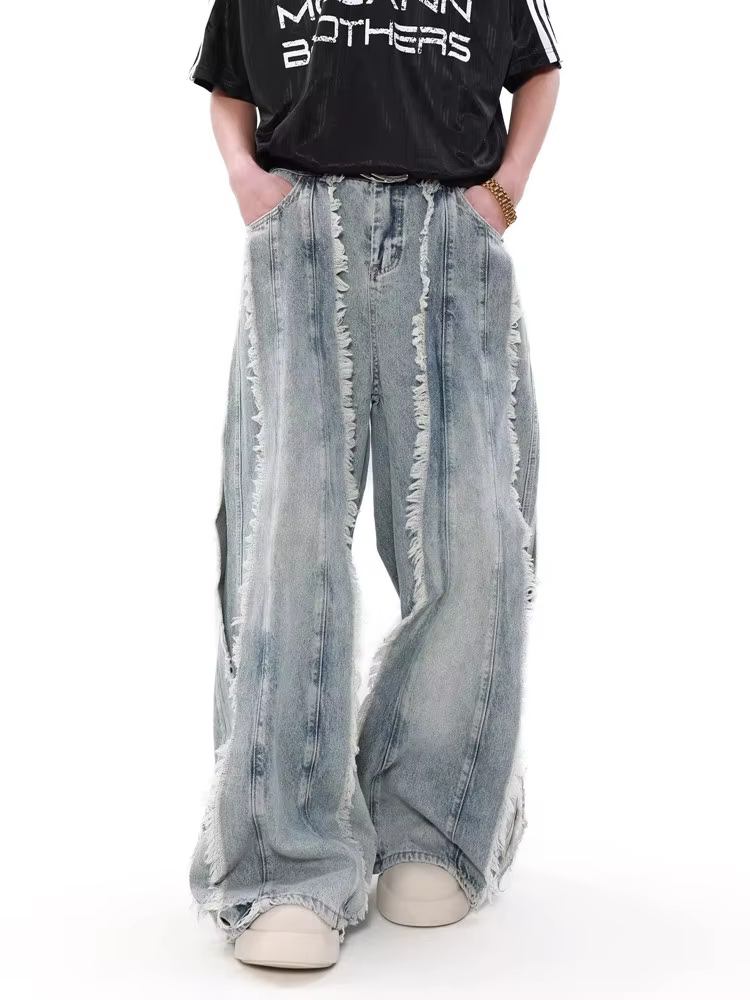 2026 Pantalon en jean baggy empilé bleu délavé, style Grunge Y2K Streetwear, coupe large, pour homme