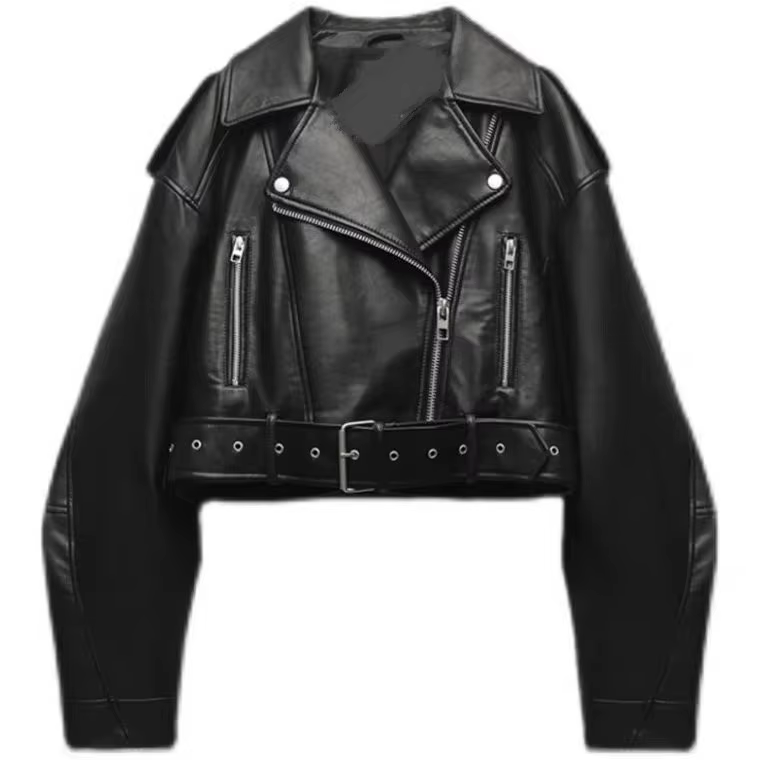 BBWM femmes surdimensionné Vintage ample Pu Faux cuir veste courte avec ceinture Streetwear femme fe