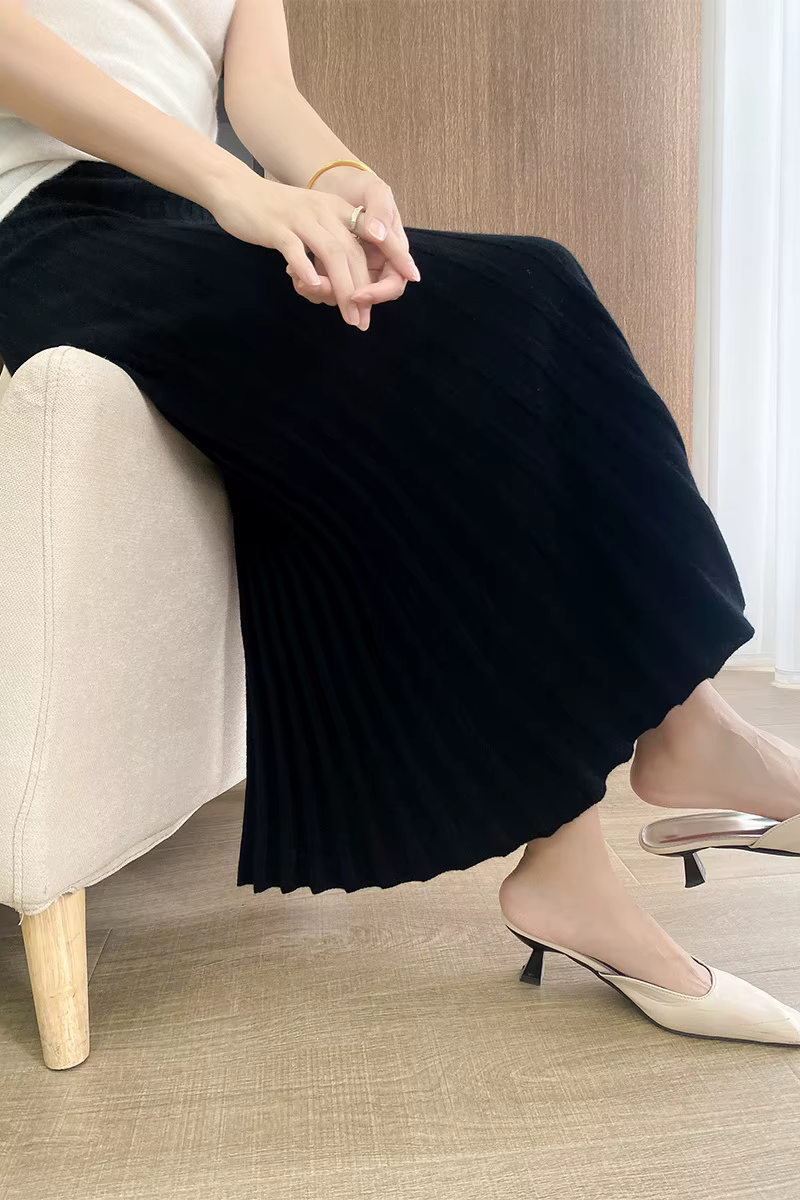 LONGMING-Robe Noire 100% Laine Mérinos pour Femme, Vêtements d'Hiver, Mode Automne, Jupes Plissées C
