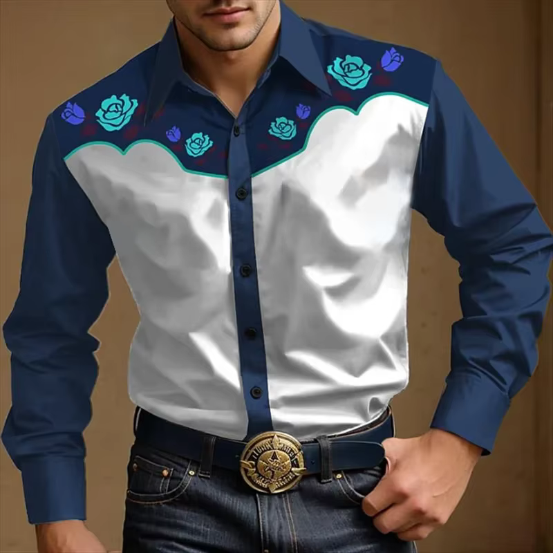 Chemise occidentale pour hommes, chemise boutonnée imprimée en Denim, haut de Festival en plein air 