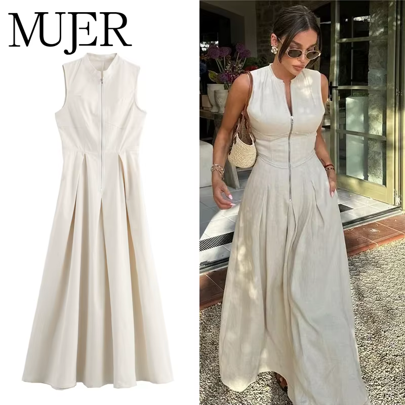 MUJER 2025 robes longues drapées pour femmes fermeture éclair sans manches robe Maxi femme vacances 