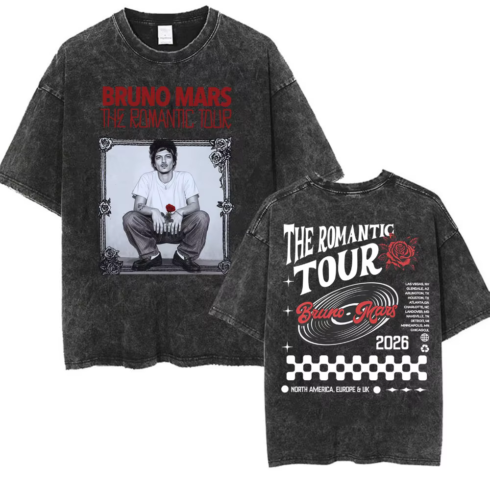 Bruno Mars The Romantic Tour 2026 T-shirt vintage délavé pour homme, vêtements pour homme, mode hip 