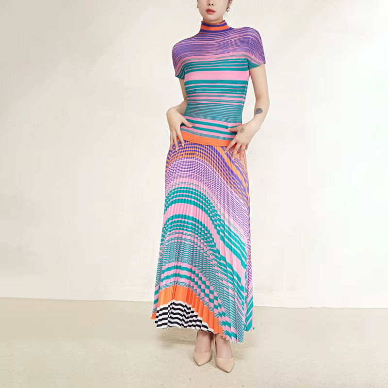Jupe longue plissée pour femmes, ensemble de 2 pièces, chemise plissée à manches courtes et jupe lon