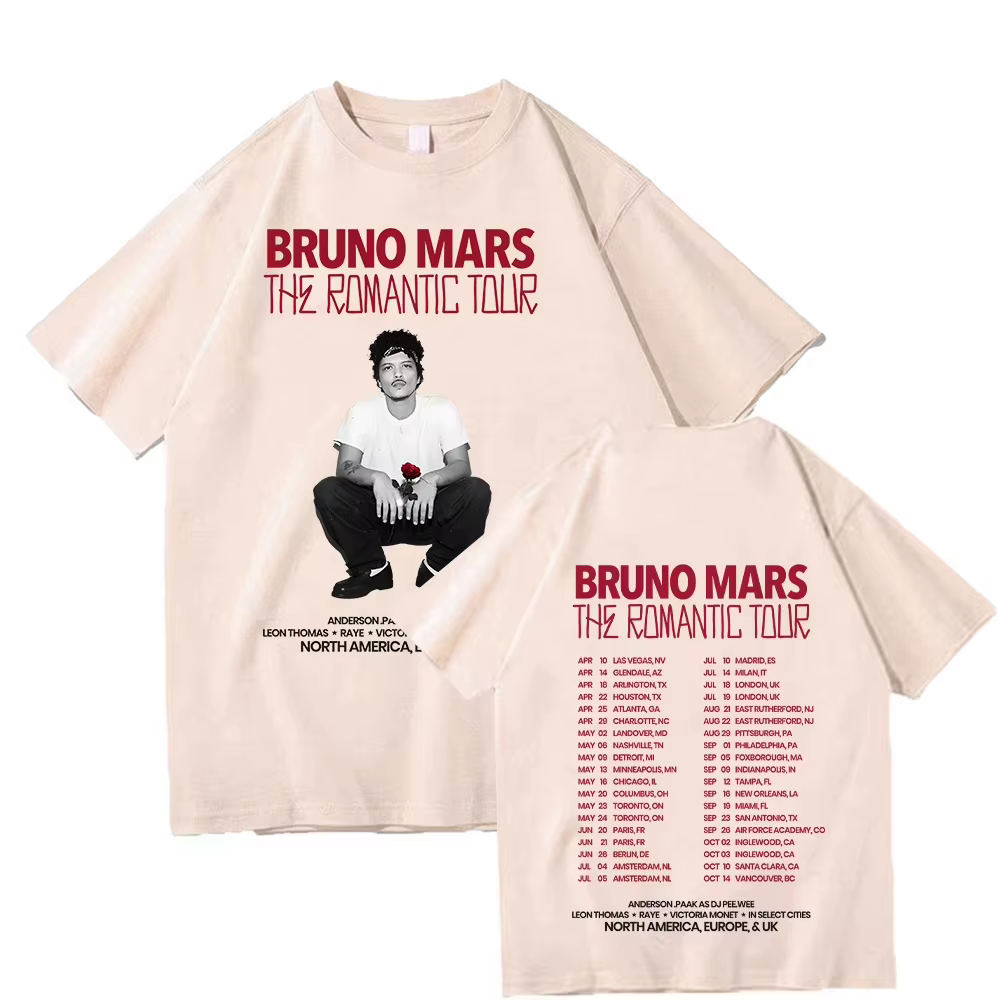 T-shirt Bruno Mars The Romantic 2026 Tour, T-shirt de concert Bruno Mars, été 2026, pour hommes et f