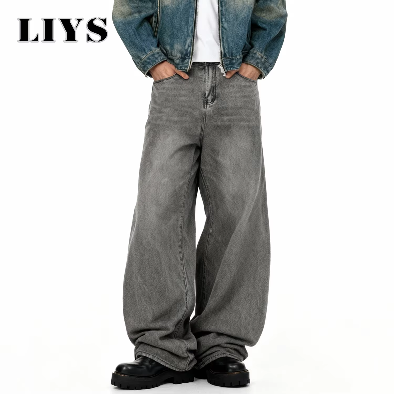 Jean Américain Rétro Baggy à Jambes Larges Gris Noir pour Homme – Printemps-Été, Style Urbain Quotid