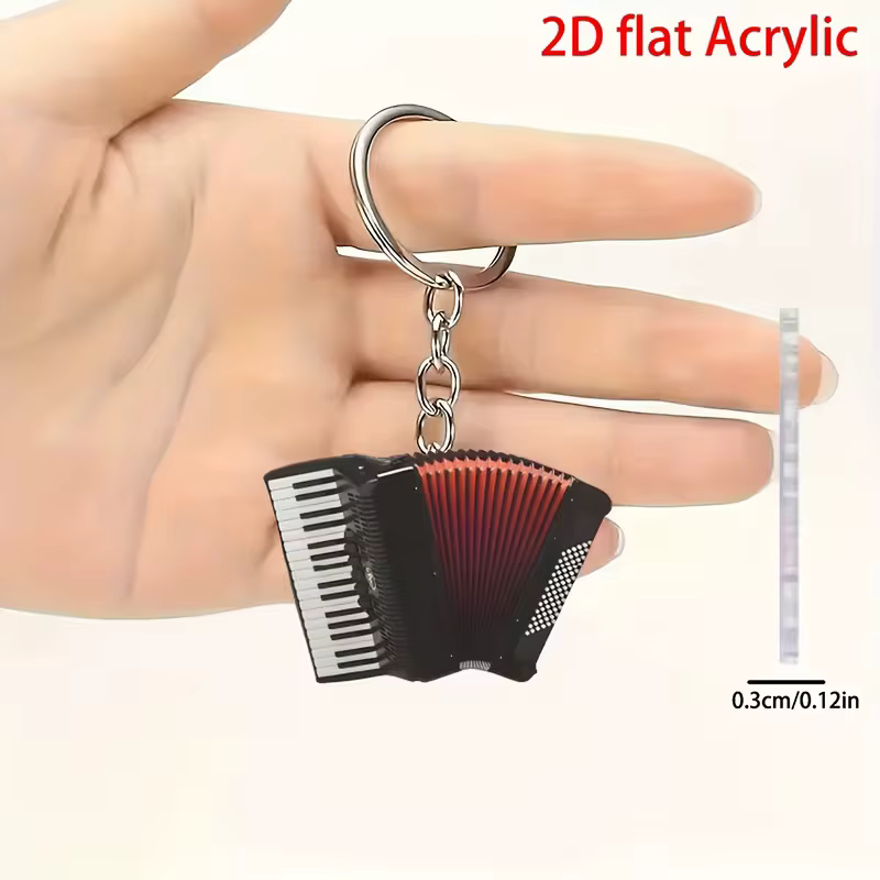 Porte-clés accordéon élégant, instrument de musique, image artistique, porte-clés plaqué argent, bij