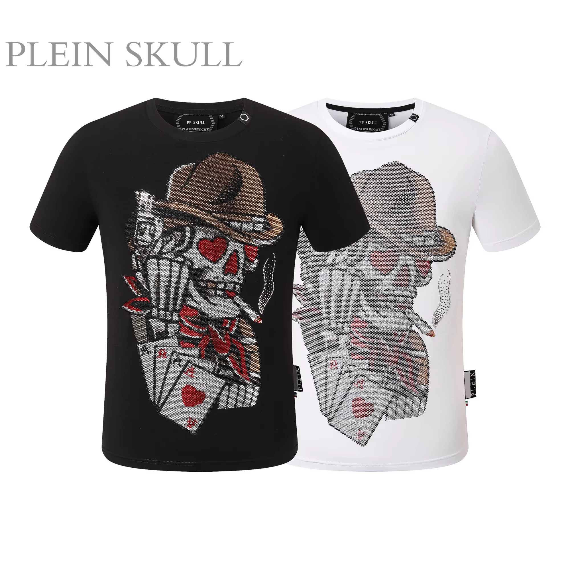 T-shirt PLEIN SKULL de luxe léger à col rond, estampé à chaud, style Hip Hop, streetwear, manches co