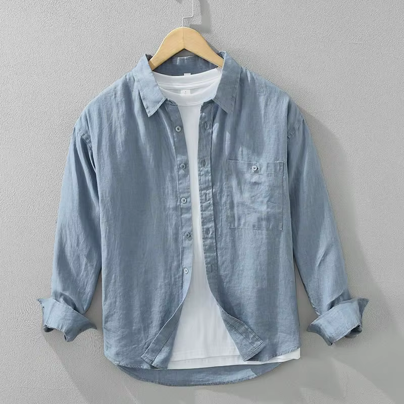 Chemises en lin pur pour hommes, manches longues, col rabattu, hauts classiques de base, mode mascul