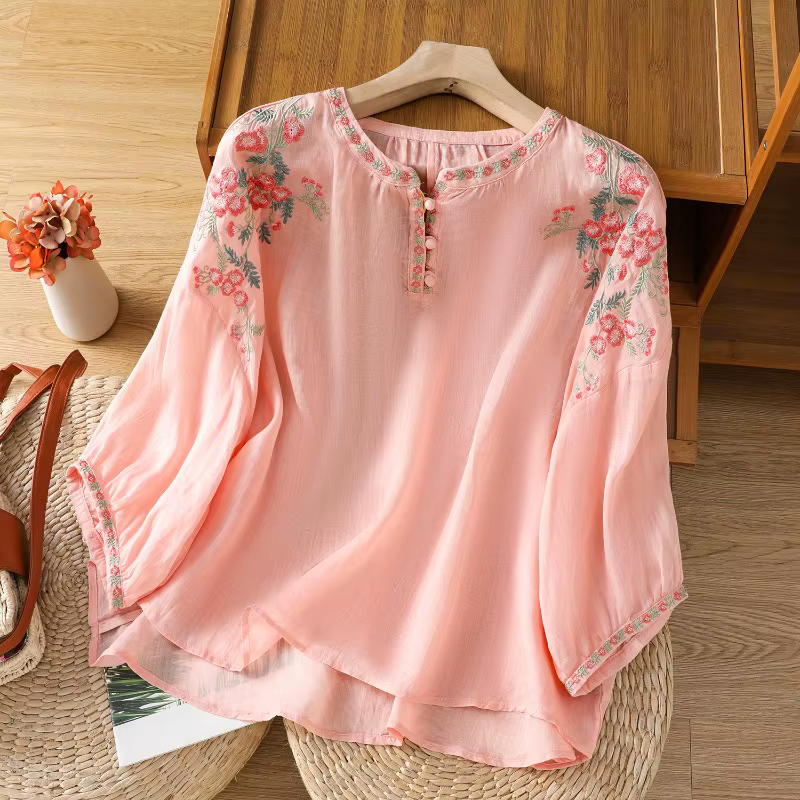 Style chinois vêtements pour femmes Blouses Vintage chemises brodées vêtements d'été amples à manche