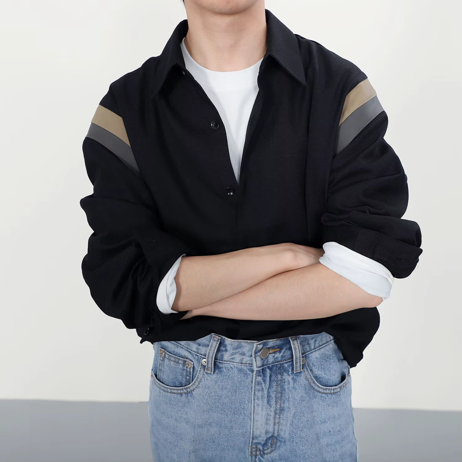 Design Sense – manteau chemise à manches longues pour hommes, Patchwork Unique, noir, marque tendanc