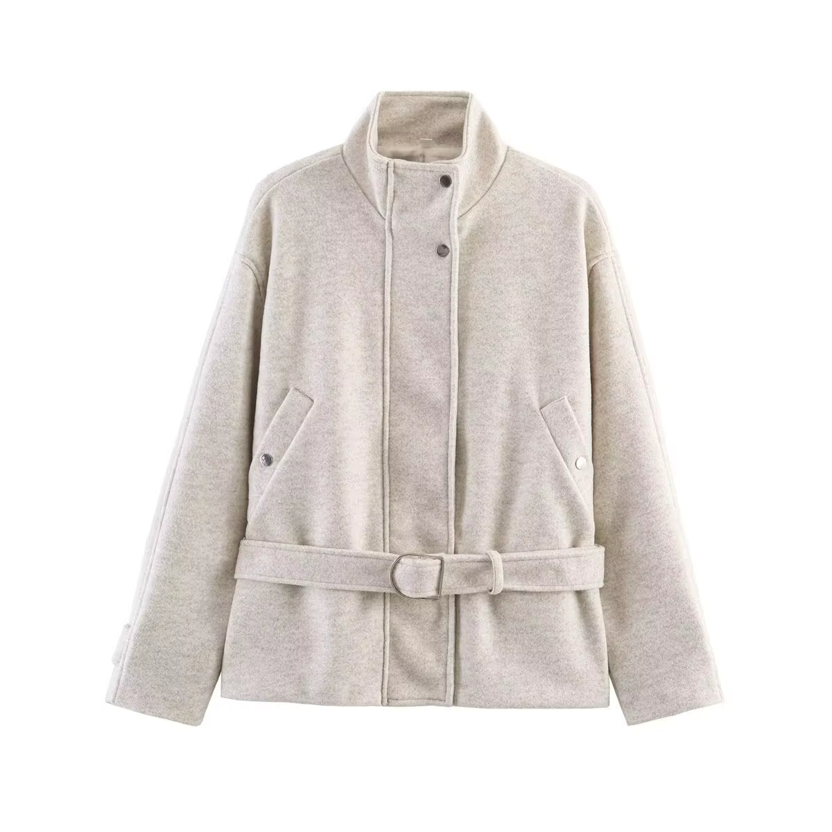 Manteau en laine mélangée HH Fashion avec ceinture pour femme, col montant décontracté, manches long