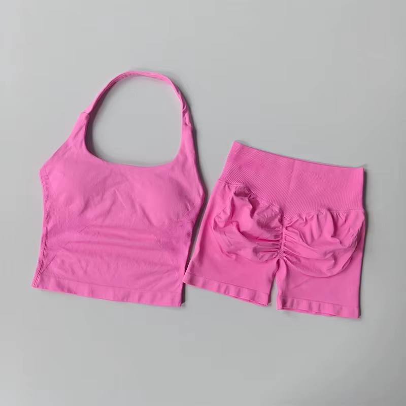 Ensemble de sport 2 pièces pour femme : Haut dos nu à bretelles et short taille haute sans couture –