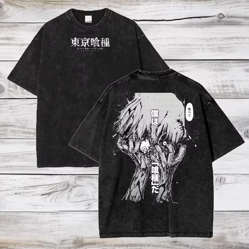 Tokyo Ghost Ken Kaneki T-shirt Manga graphique T-shirt Vintage lavé surdimensionné T-shirt hommes fe