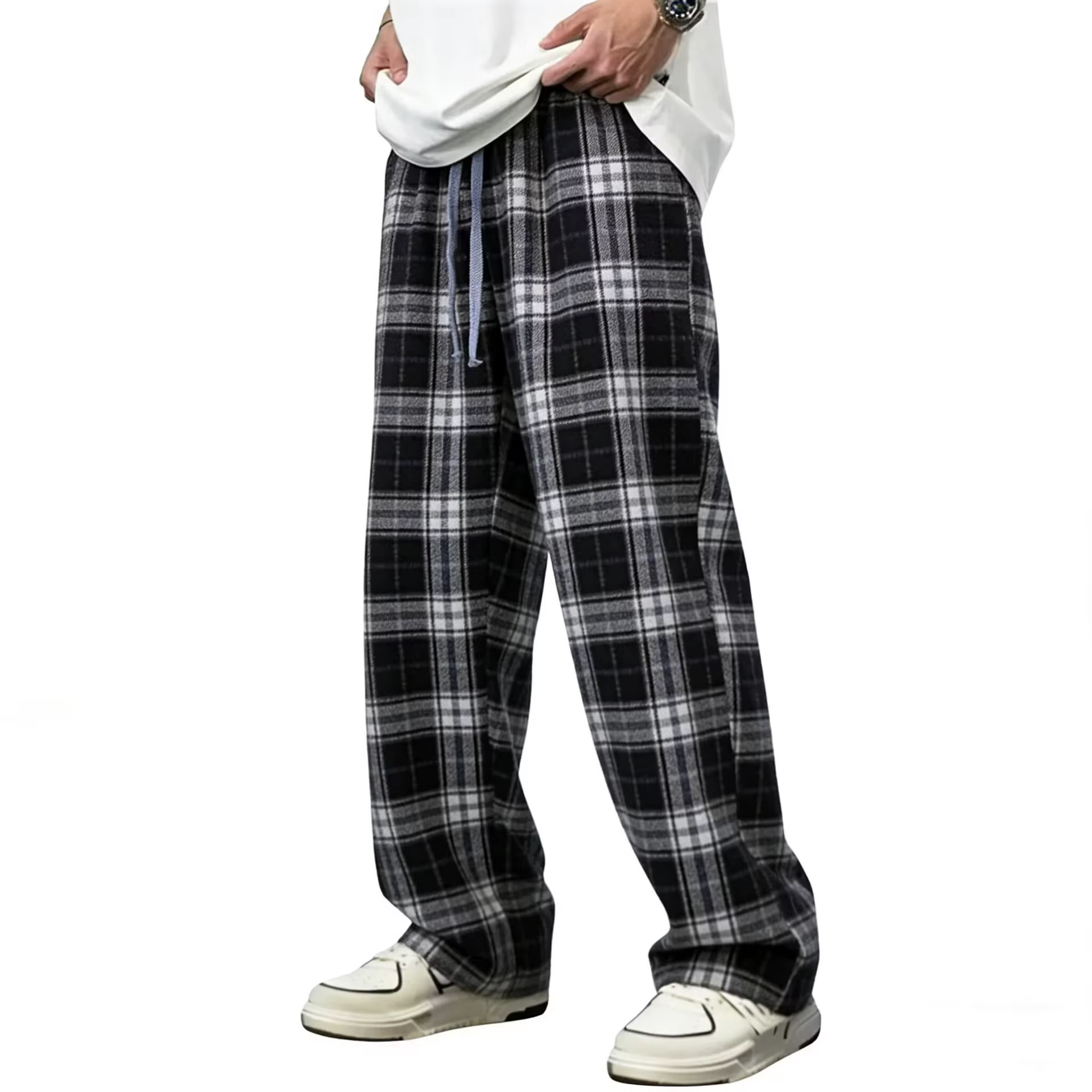 Pantalon décontracté tendance à carreaux pour homme, coupe ample, taille haute, style sportif, nouve