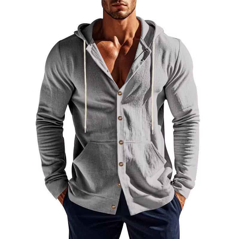Chemise à capuche en lin pour homme, coupe ajustée décontractée, manches longues, boutonnée, couleur