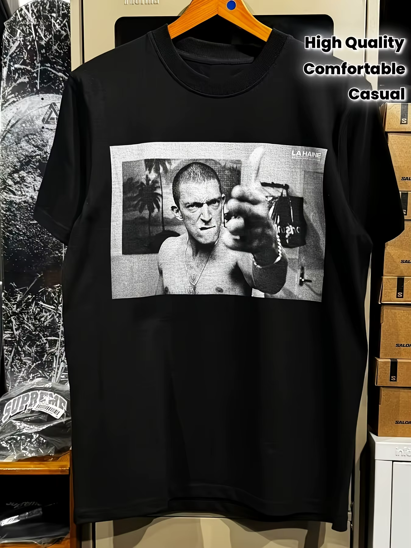 T-shirt graphique punk LA Haine Talk To Me pour homme, imprimé audacieux, tissu doux, idéal pour un 