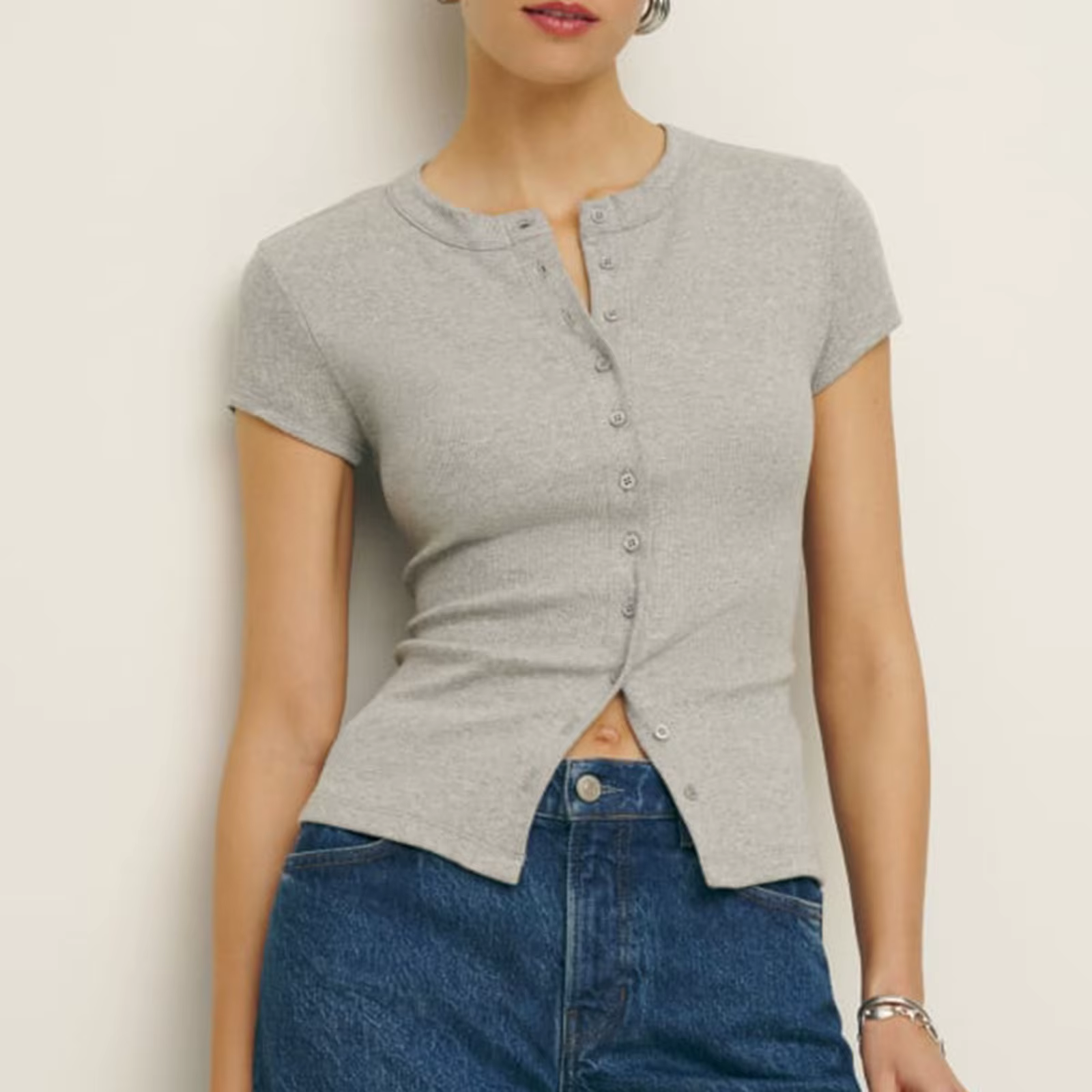 T-shirt Manches Courtes Col Rond pour Femme, Tricot, Boutonné, Été, Slim Fit, Vintage, Grunge, Stree