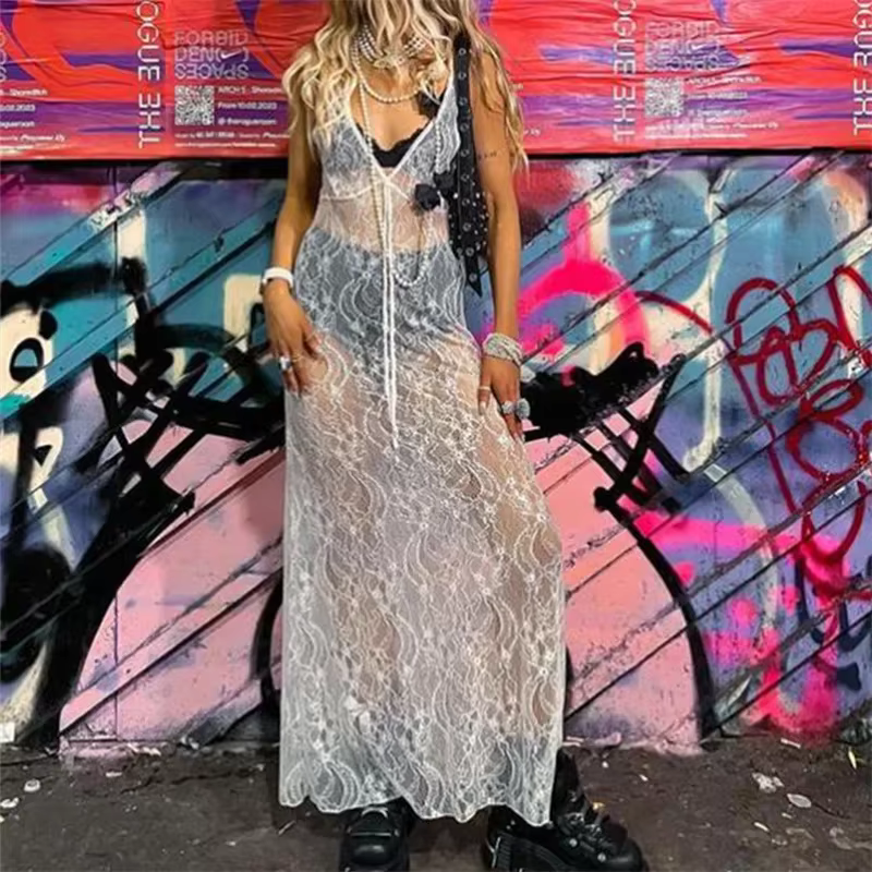 Robe longue en dentelle florale transparente pour femmes, cache-col en fibre de V, vêtements d'été s