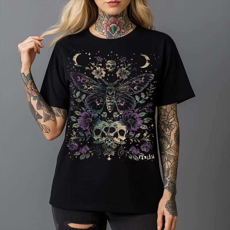 T-shirt gothique Luna Moth de vente chaude d'été: chemise de crâne florale humoristique, style acadé