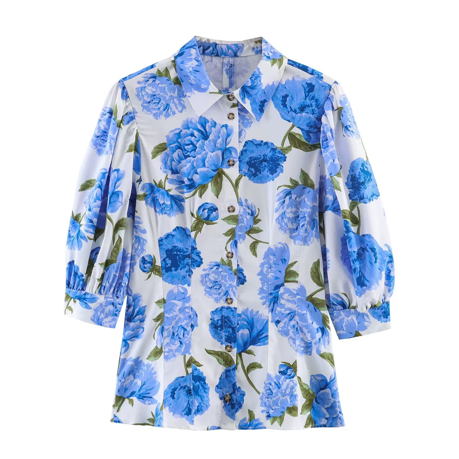 HH Chemise Femme Nouvelle Collection Été, en Popeline Imprimée Bleue, à Col Revers et Boutonnage Sim