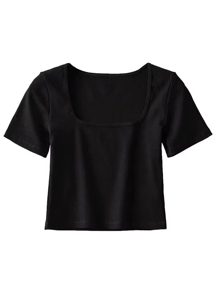 T-shirt court côtelé à col carré pour femmes, haut court à manches courtes
