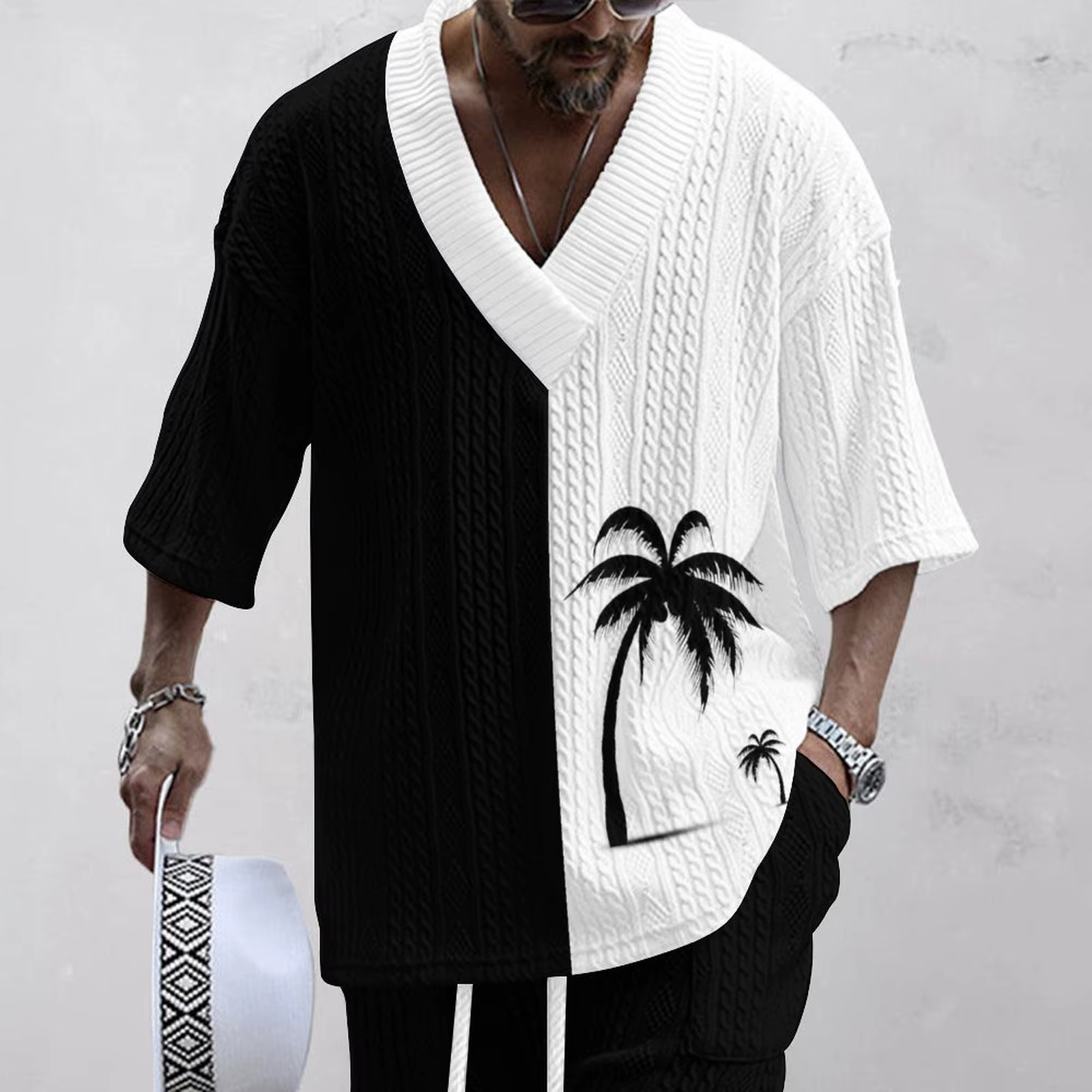 Ensemble de vêtements décontractés pour hommes, impression 3D, col en V, coton tricoté, cerise, vent