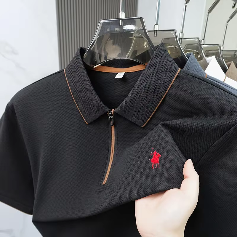 Polo de marque de luxe à manches courtes pour hommes, haut brodé à demi-fermeture éclair, T-shirt d'
