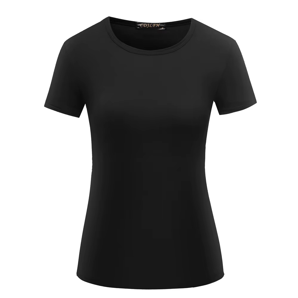Femmes manches courtes T-shirt chemise à bascule col rond chemise noir blanc dessus de couleur unie 