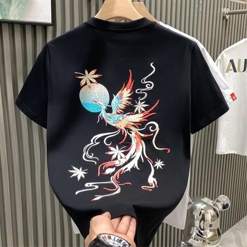 T-shirt à manches courtes pour hommes, imprimé phénix de Style chinois, ample, brodé, polyvalent, ré
