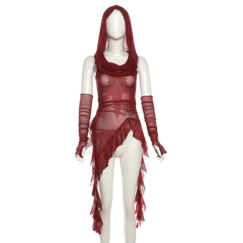 Goth Dark Streetwear années 90 Grunge Mesh Transparent Hauts à capuche Cyber Y2K Ourlet irrégulier V