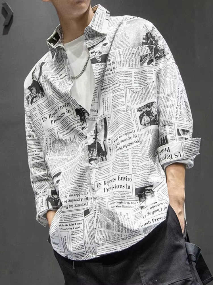 Chemise japonaise pour hommes, rétro, imprimé journal, tendance coréenne, Cardigan d'été Chic à manc