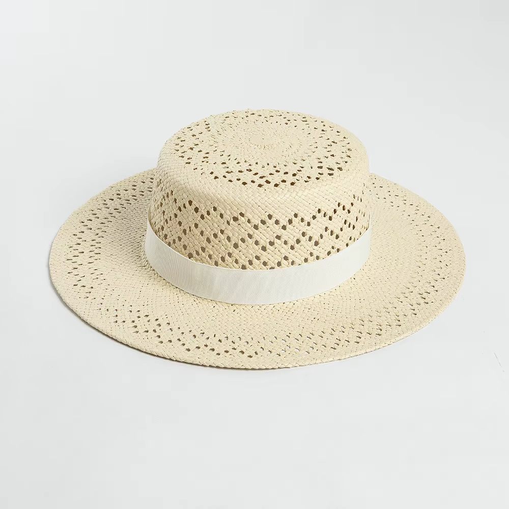 Chapeau de soleil de plage 100% paille, casquettes à dessus plat, chapeaux de bateau, Protection sol