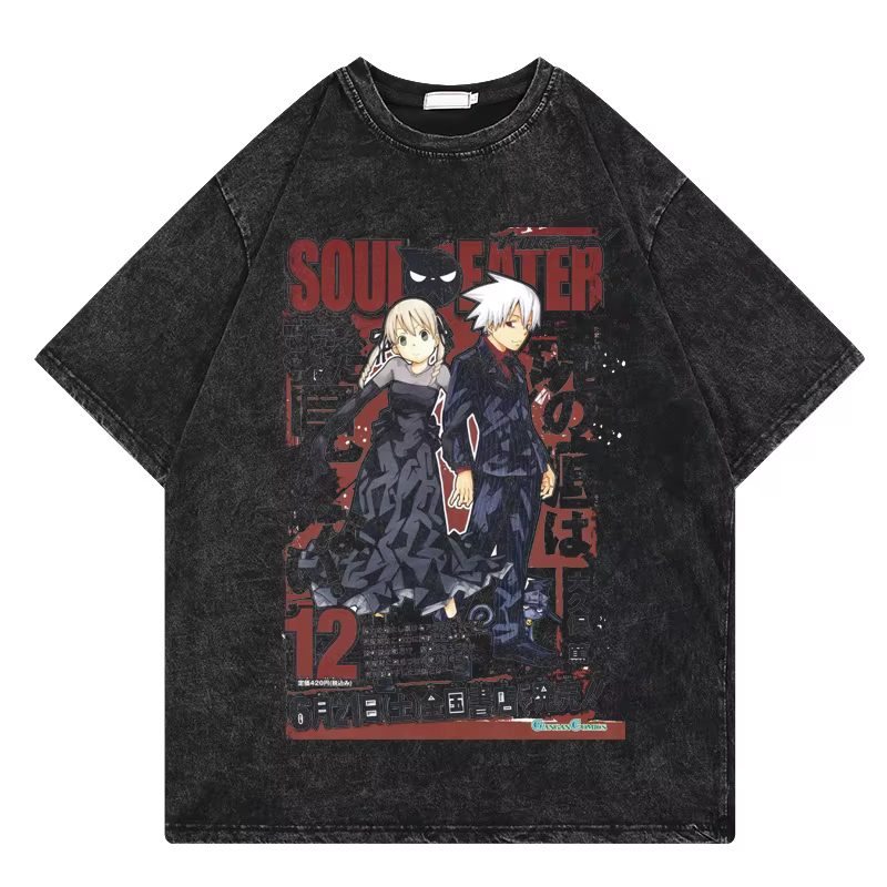 T-shirt délavé vintage Soul Eater, Streetwear graphique Anime, T-shirt Hip Hop, Économie d'été décon