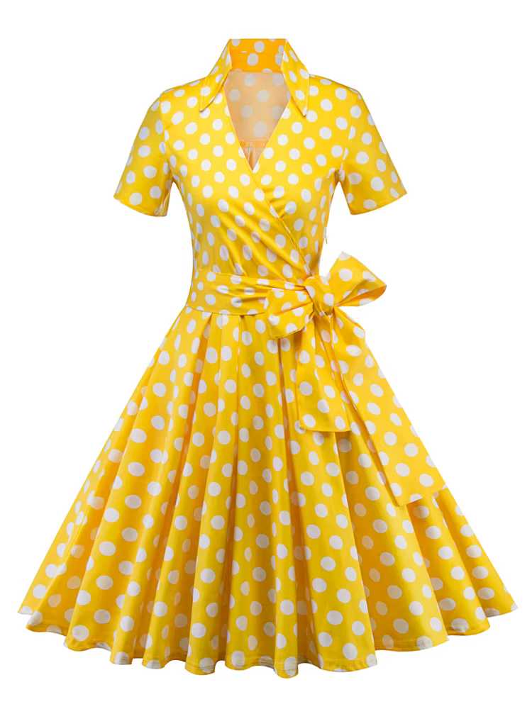 Tonval-Robe à pois rétro pour femme, robe jaune, manches courtes, col en V, ceinture, ligne A, fête 